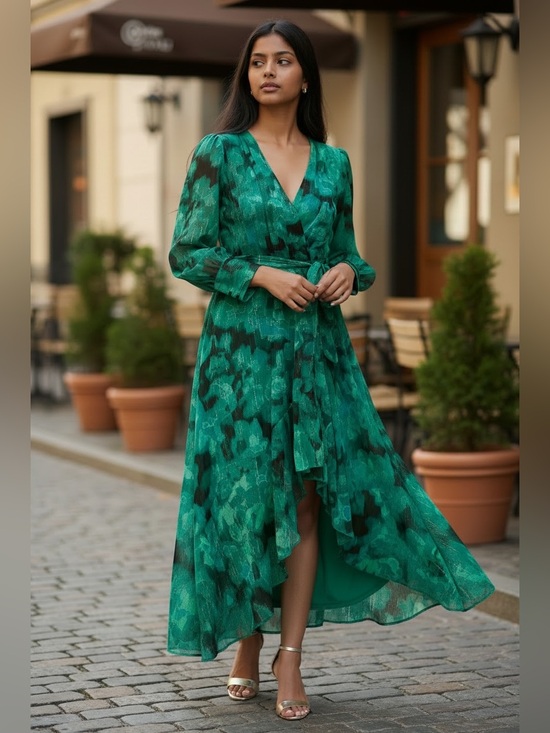 Calvin Klein Dresses & Skirts - Calvin Klein Green Patterned with hints of gold thread, High-Low Wrap Maxi Dress